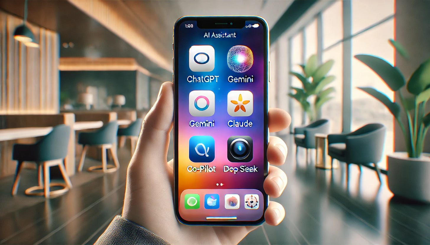 A wide-format image of an iPhone screen displaying five AI assistant apps: ChatGPT, Gemini, Claude, Co-Pilot, and Deep Seek. The screen is bright and clear, with app icons arranged in a row. The background is a sleek, modern wallpaper with a gradient design. The iPhone is placed on a desk with a blurred indoor setting in the background, creating a professional and tech-savvy look. The image is optimized for a Substack newsletter header.