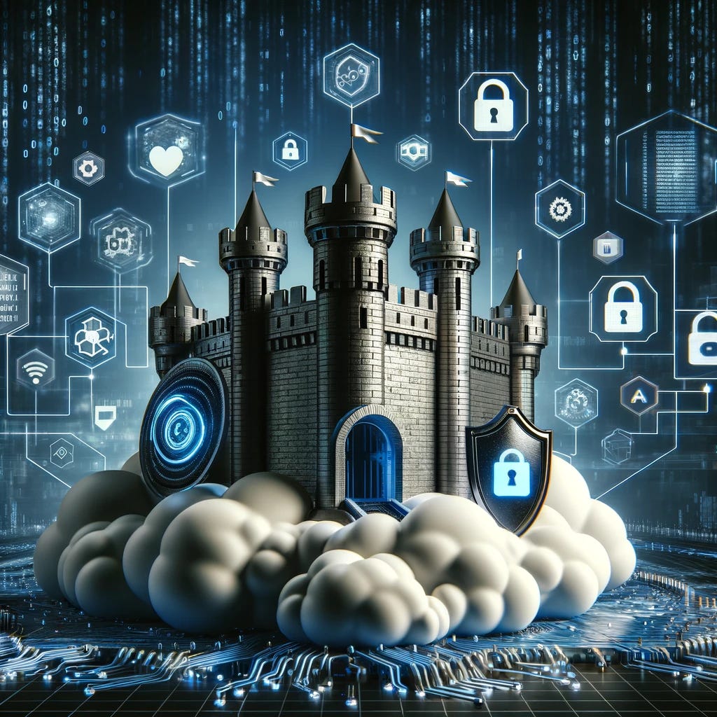 A digital fortress standing on a cloud, surrounded by various cybersecurity symbols like locks, shields, and binary code, illustrating the concept of strong cybersecurity measures protecting digital assets in a cloud computing environment. The scene is set against a backdrop of a cybernetic sky filled with data streams, emphasizing the importance of cybersecurity in the digital age. The image should convey a sense of robust security and the ongoing battle against cyber threats, symbolizing the vigilance required to safeguard information in the cloud.