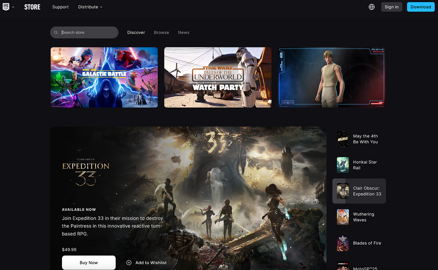 Screenshot of a digital storefront. Boxes of different sizes show promotions for Star Wars games and Clair Obscur: Expedition 33
