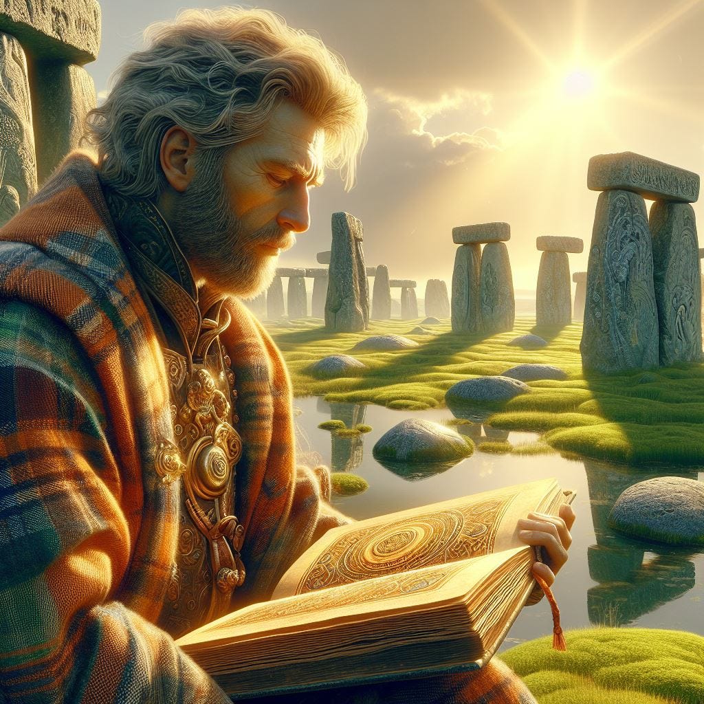 Hyper realistic; Close up heroic middle aged manin kilt. Stonehenge Megaliths: Utilized Sarsen and Bluestone.He is drawing book of kellswith golden writing in it. Border green moss, and reflecting water. vast distance. sunny made of copper. There is a sunshower and a see through cloud.. Occlusion. Ethereal. Luminescent 