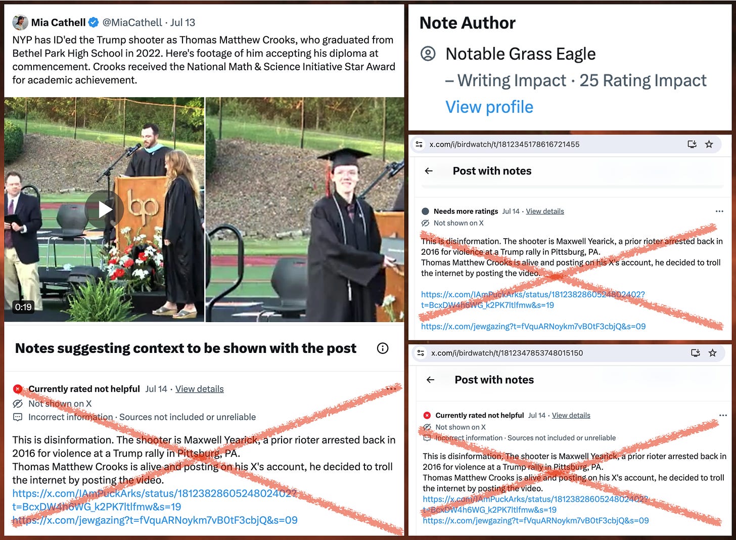 creenshot of three attempts by user Notable Grass Eagle to insert false Community Notes regarding the shooter's identity