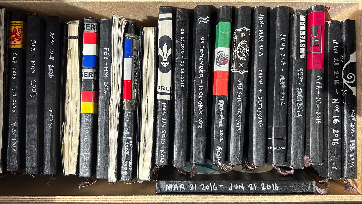Photo of a drawer filled with sketchbooks and journals, with the dates written on the spines.