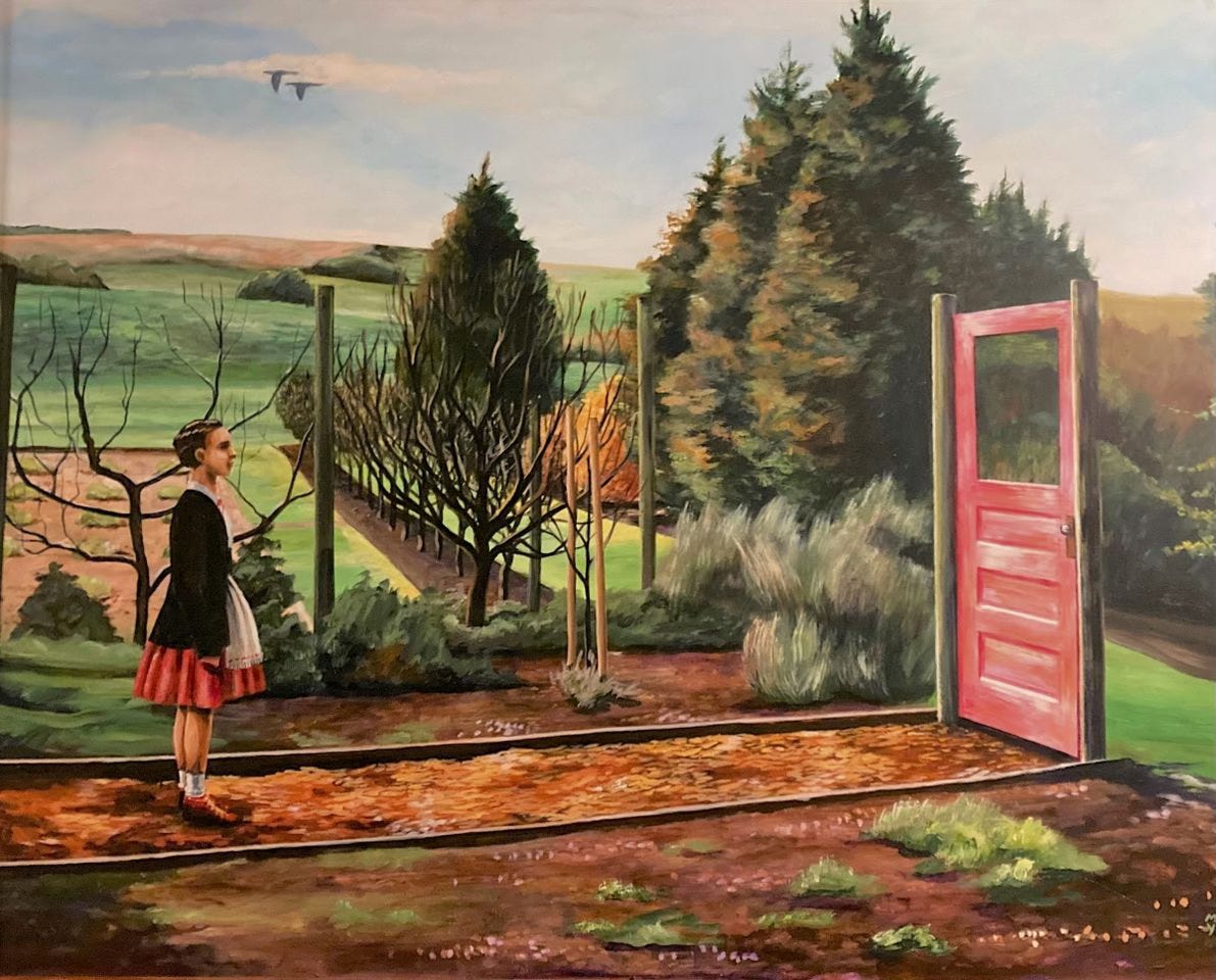 Myrna Yoder painting of a girl standing in front of a red door in a garden at Edgefield