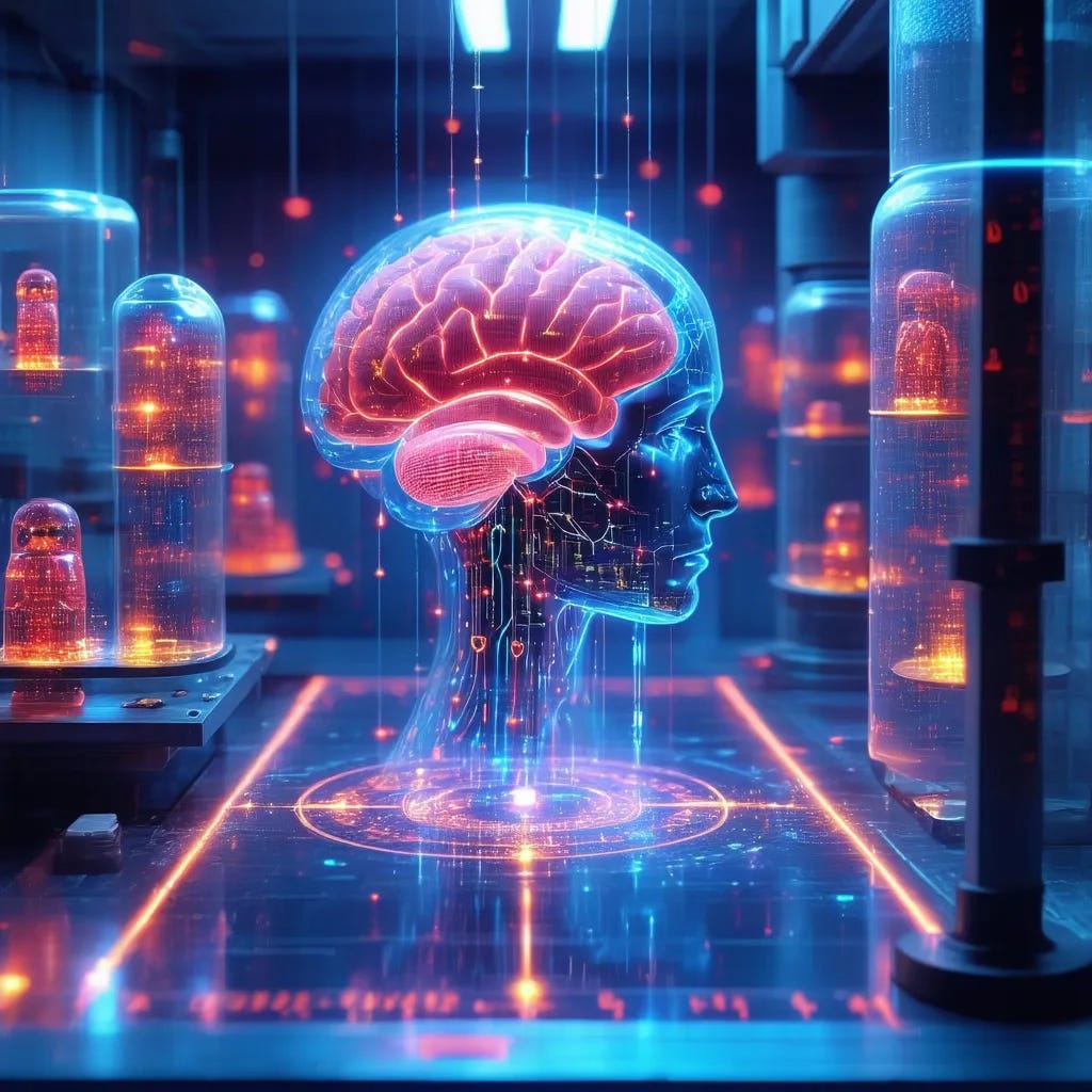A sleek laboratory interior with holographic neural networks floating in mid-air, showing red warning markers highlighting corrupted nodes || A transparent AI brain structure with glowing synapses, some pathways being redirected with blue light streams || Digital fingerprints dissolving into binary code || Multiple nested Russian doll-like neural architectures becoming progressively smaller, with measuring tools and compression indicators || Ethereal compass needle pointing to an abstract representation of human values || Cinematic lighting, depth of field, intricate detail, 8k A sleek laboratory interior with holographic neural networks floating in mid-air, showing red warning markers highlighting corrupted nodes || A transparent AI brain structure with glowing synapses, some pathways being redirected with blue light streams || Digital fingerprints dissolving into binary code || Multiple nested Russian doll-like neural architectures becoming progressively smaller, with measuring tools and compression indicators || Ethereal compass needle pointing to an abstract representation of human values || Cinematic lighting, depth of field, intricate detail, 8k