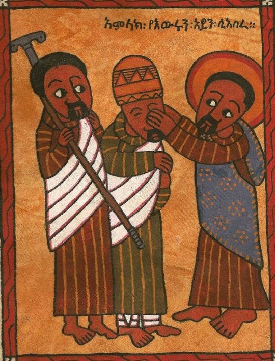 An Ethiopian icon of the healing of Bartimaeus, showing Jesus touching Bartimaeus who is accompanied by a third man holding a crutch.