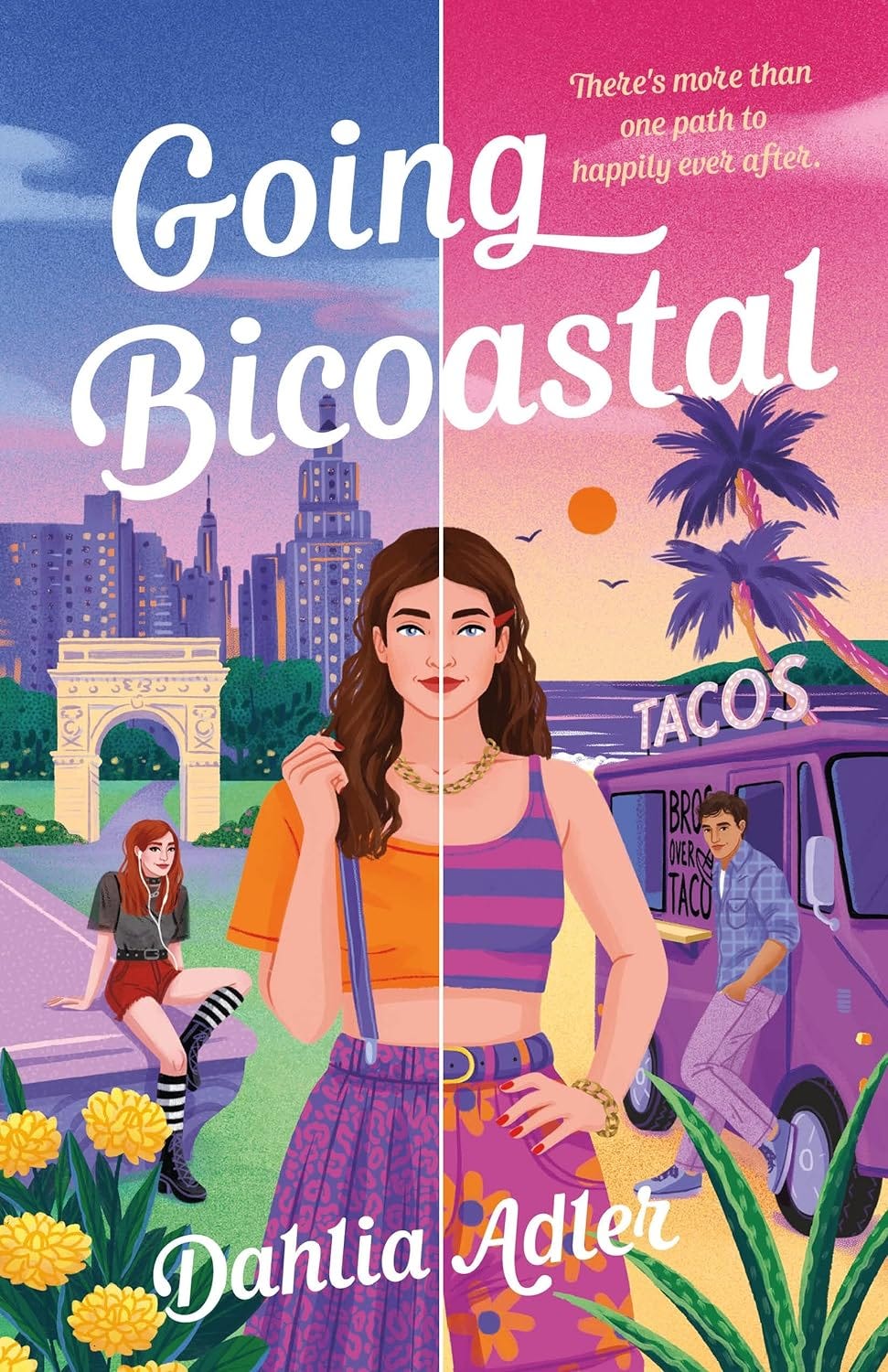 the cover of going bicoastal shows a brunette teen girl with NYC on the left, and a red-haired goth girl, and Los Angeles on the right, with a brown-haired boy in front of a taco truck