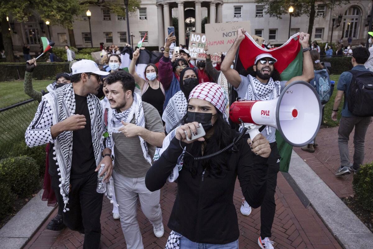 Palestinian supporters demonstrate during a protest at Columbia University in New York on Oct. 12. Palestinian supporters demonstrate during a protest at Columbia University in New York on Oct. 12.