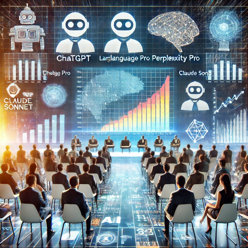 A visually striking image for marketing an article about the performance of large language models (LLMs) in a professional financial data setting. The image shows a futuristic conference setting, with digital panels displaying AI-related graphs and data flows. In the foreground, icons representing different LLMs (such as ChatGPT, Perplexity Pro, and Claude Sonnet) are competing on a leaderboard, with data charts and thought-provoking questions flying off the screens. The overall theme should be modern, clean, and data-focused, with a blend of technology and finance elements.