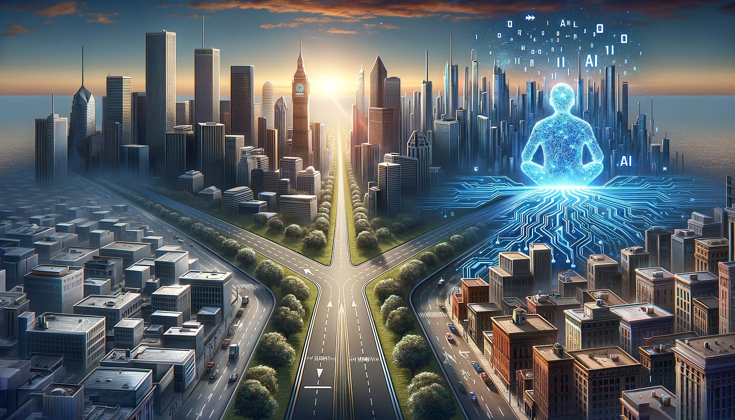 A symbolic landscape representing the dilemma faced by John, a 34-year-old software engineer at a FinTech startup. The landscape splits into two paths: one side shows a traditional financial district with skyscrapers, representing his current career in financial software. The other side features a futuristic, AI-inspired cityscape with sleek, advanced buildings and holographic code floating in the air, symbolizing the allure and uncertainty of a career in AI. The two worlds merge at the horizon, depicting John's crossroads between staying in his comfort zone or venturing into the unknown of AI. The overall scene should convey a sense of contemplation and decision-making at a crucial point in John's life.