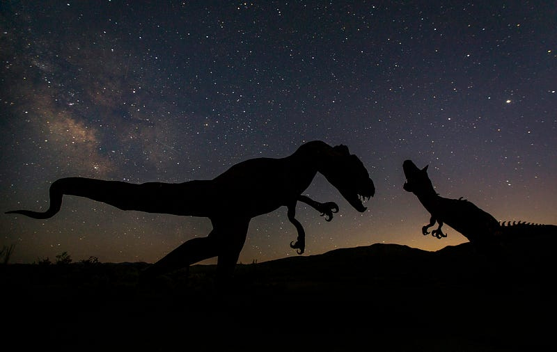 An evocative image of dinosaurs brawling under a starry sky | Photo by Leo_Visions on Unsplash An evocative image of dinosaurs brawling under a starry sky | Photo by Leo_Visions on Unsplash