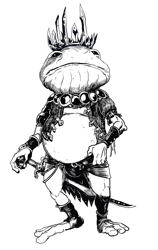 A black and white line drawing of a Toad King, with a large paunch, a sword and a crown