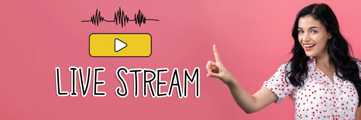 Smiling woman pointing at a "Live Stream" graphic with a play button, on a pink background.