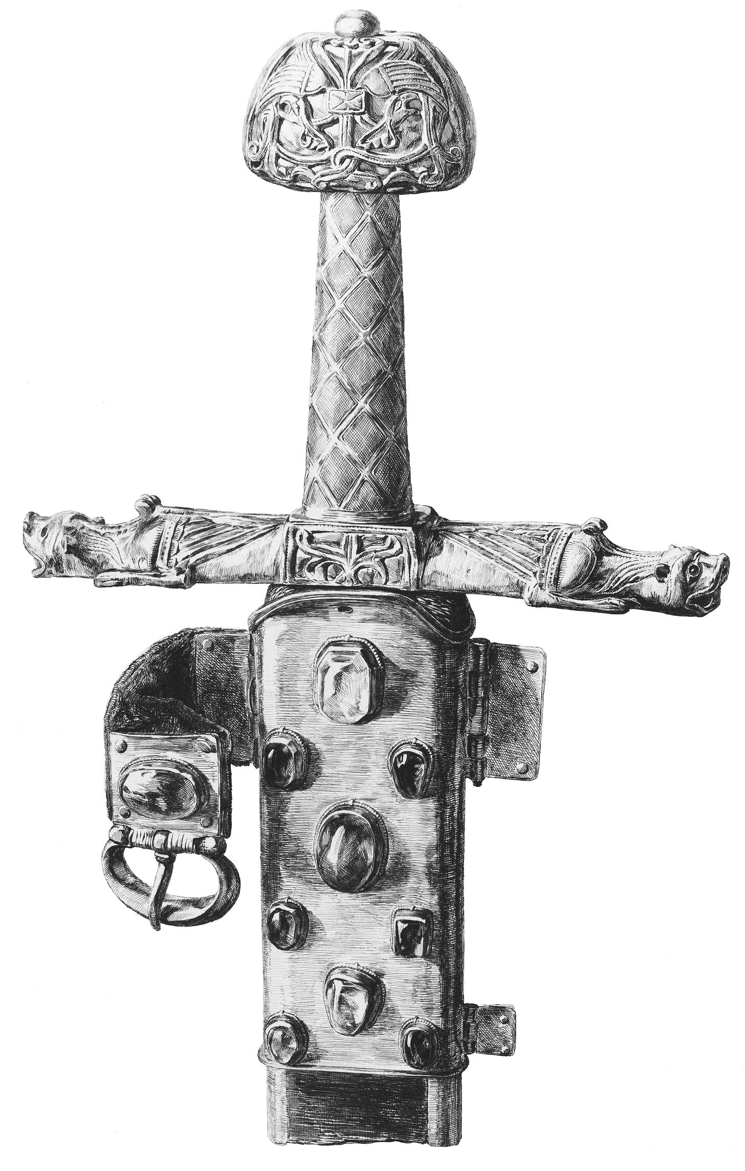 Black and white illustration of an ornate sword hilt and pommel