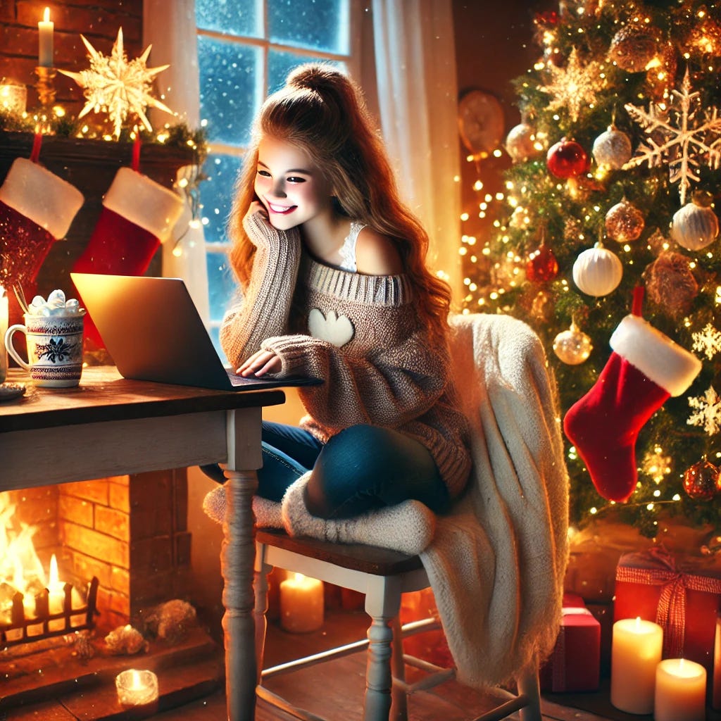 A cozy Christmas scene featuring a young girl sitting at a desk with a laptop, happily studying. She is surrounded by warm holiday decorations, including a Christmas tree adorned with glowing lights, ornaments, and a star on top. A soft blanket drapes over her chair, and a steaming cup of hot cocoa with marshmallows sits on the desk. The room has a warm, inviting atmosphere with a fireplace crackling in the background, stockings hanging above it, and soft snow falling outside a frosted window. The girl exudes joy and focus, with a sense of love and comfort filling the room.