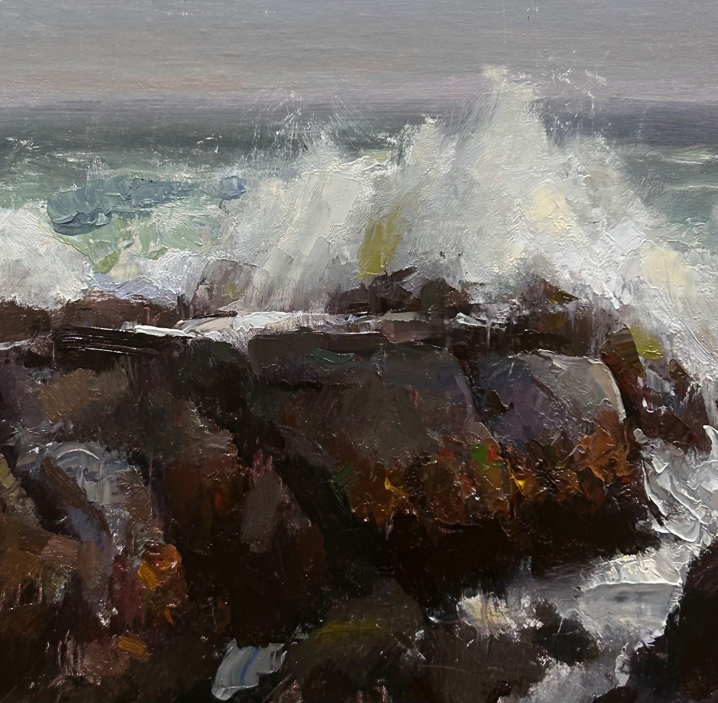 A painting of waves crashing on rocks

Description automatically generated