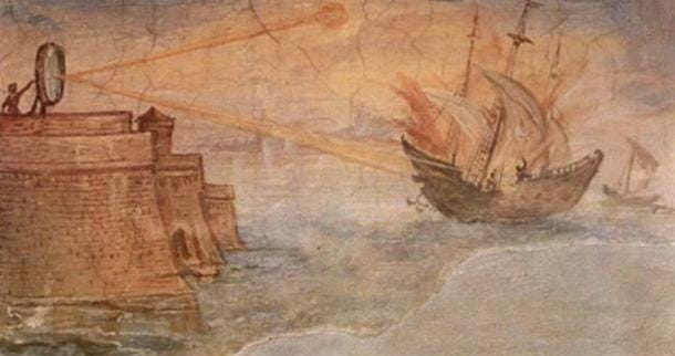 Una descripción de cómo Arquímedes pudo haber encendido las naves romanas con la ayuda de espejos parabólicos. (Wikimedia commons)
