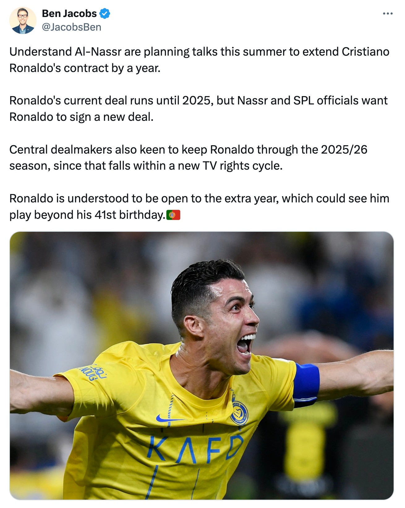 A tweet by Ben Jacobs about Al Nassr planning talks with Cristiano Ronaldo over a new contract