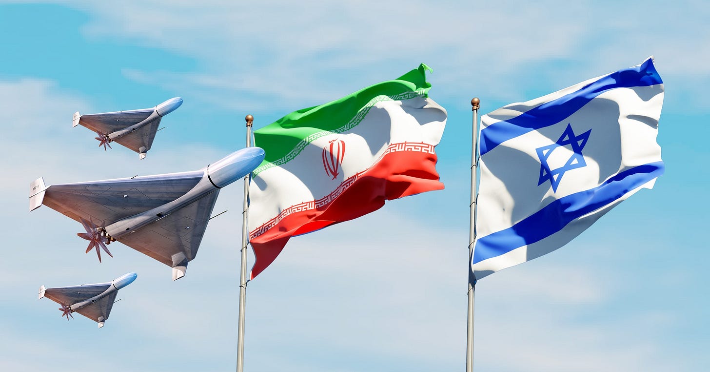 Iranian drones fly near national flags of Iran and Israel in symbolic display of rising Middle East tensions and modern military strategy. The image captures Shahed UAVs (unmanned aerial vehicles) in close proximity to the Iranian and Israeli flags, visually emphasizing the geopolitical conflict, drone warfare, and strained Iran-Israel relations. Iranian drones fly near national flags of Iran and Israel in symbolic display of rising Middle East tensions and modern military strategy. The image captures Shahed UAVs (unmanned aerial vehicles) in close proximity to the Iranian and Israeli flags, visually emphasizing the geopolitical conflict, drone warfare, and strained Iran-Israel relations.