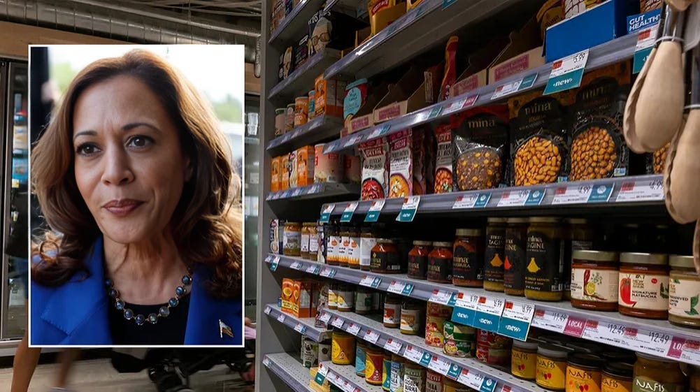 Image of Vice President Kamala Harris overlaid on a background of grocery store shelves filled with various food products, symbolizing her involvement in the grocery price control plan.