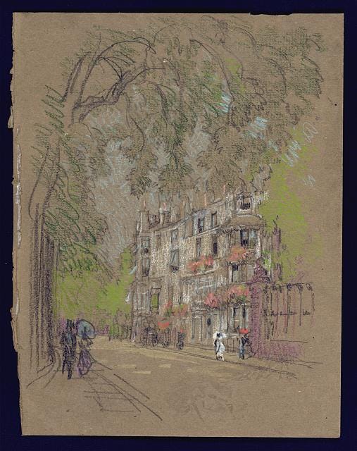 England, London. View down pleasant street, well-dressed figures with parasols on both sidewalks, white townhouses opposite, leafy tree over all, others in distance. 