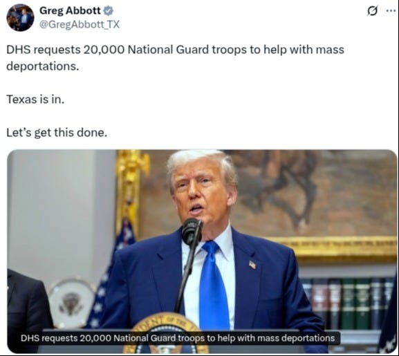 Texas Governor Greg Abbott has answered the Trump Administration's call for troops to "help with mass deportations." Texas Governor Greg Abbott has answered the Trump Administration's call for troops to "help with mass deportations."