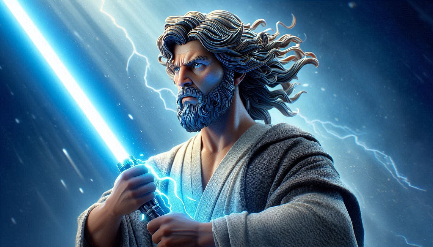 AI generated illustration portraying Zeus as a Jedi