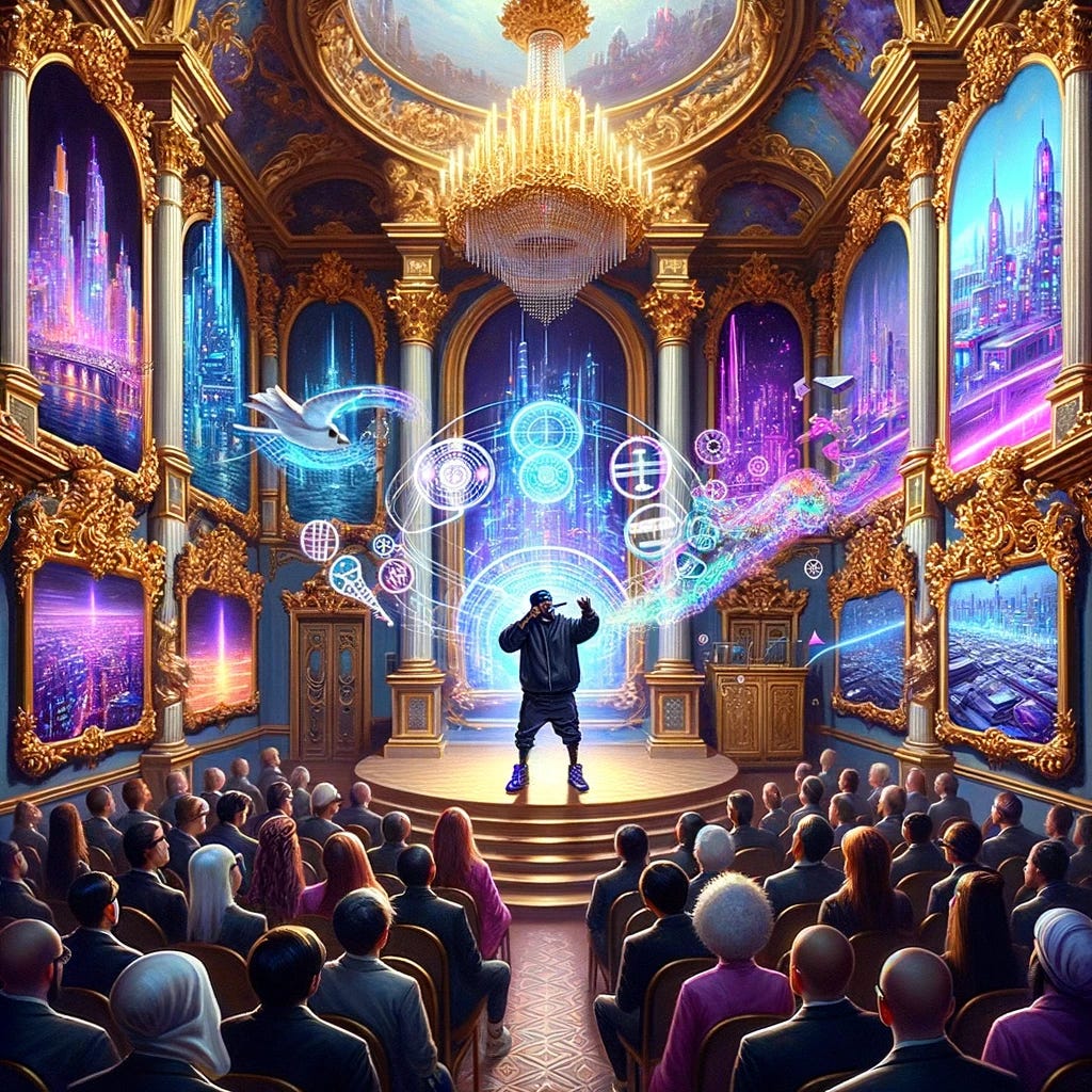 A man in dark clothing stands center stage in an opulent, golden-decorated theater, orchestrating a vivid display of holographic images. These projections showcase futuristic cityscapes, cosmic symbols, and flowing patterns. A captive audience, comprised of diverse individuals, attentively watches from their seats, bathed in the ambient glow of the scene. The grandeur of the theater, accentuated by its ornate chandeliers and arches, contrasts with the modernity of the holographic visuals, creating a fusion of classical and futuristic elements.