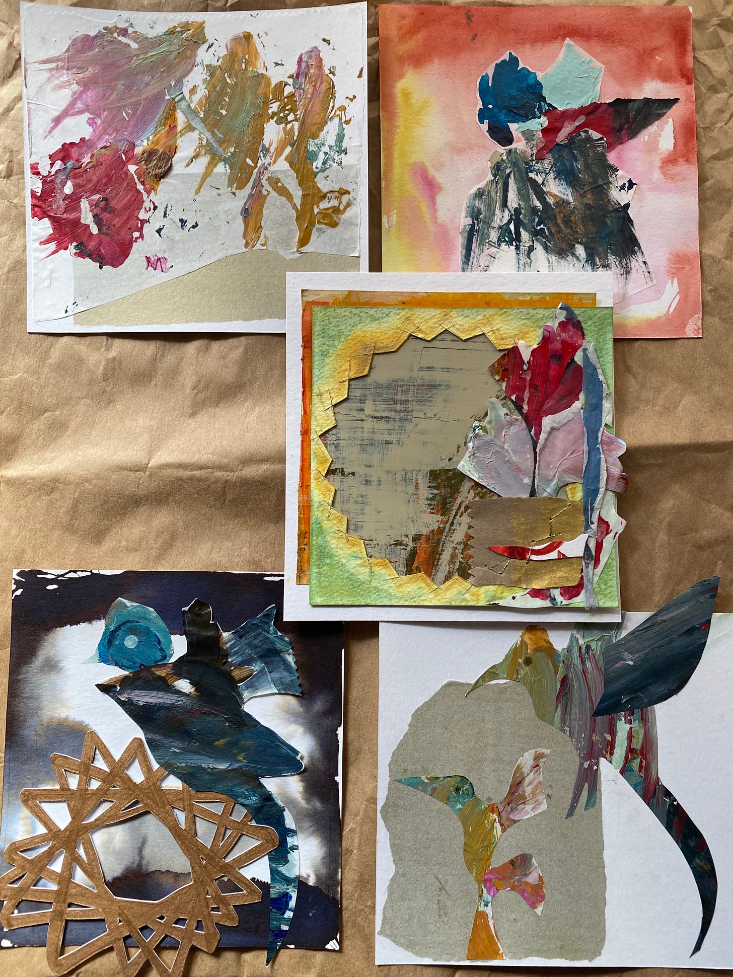 five blocks of collages of abstract bird-like and human figures 