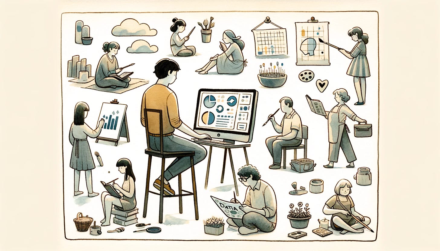 hand-drawn illustration style showing people enjoying simple pursuits, including dataDALL-E 