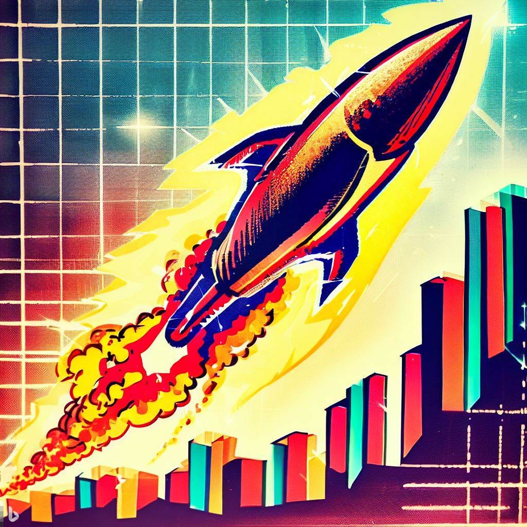 a graph of company profits showing a rocket going through the roof of the chart, in the style of a 1950s magazine graphic