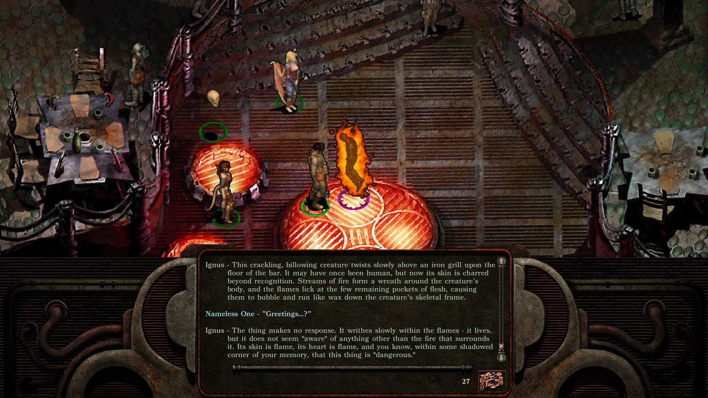 A screenshot from Planescape: Torment: Enhanced Edition - The zombie-like protagonist the Nameless One and his party members attempt to greet a flaming figure named Ignus, but the creature does not respond.