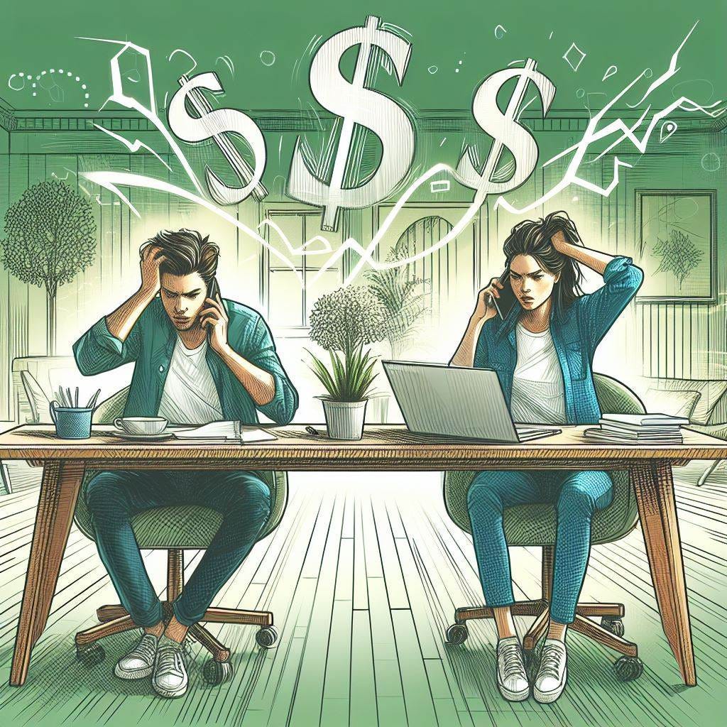 man and woman on phones, stressed while earning money