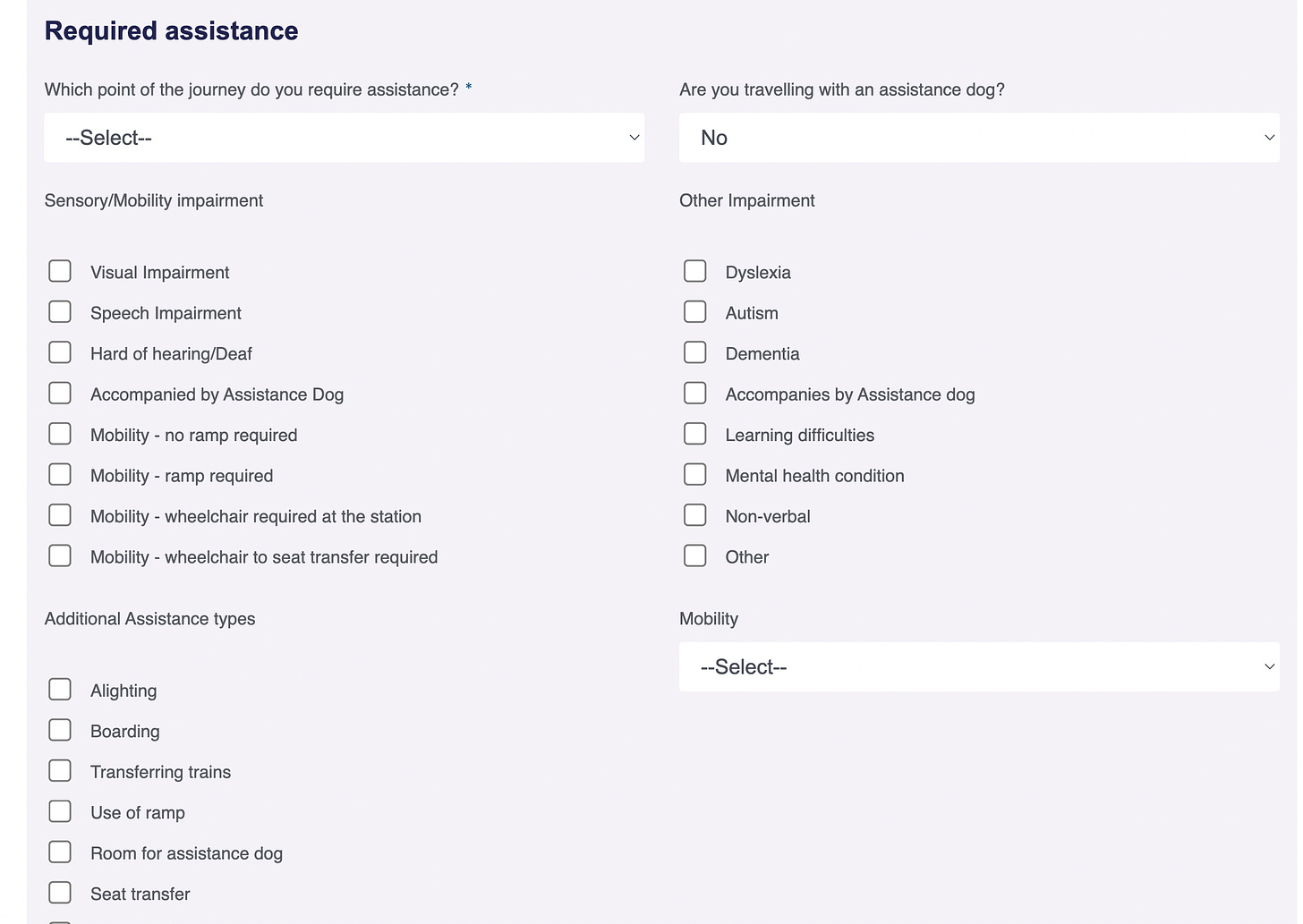 Booking form with around 20 assistance options 