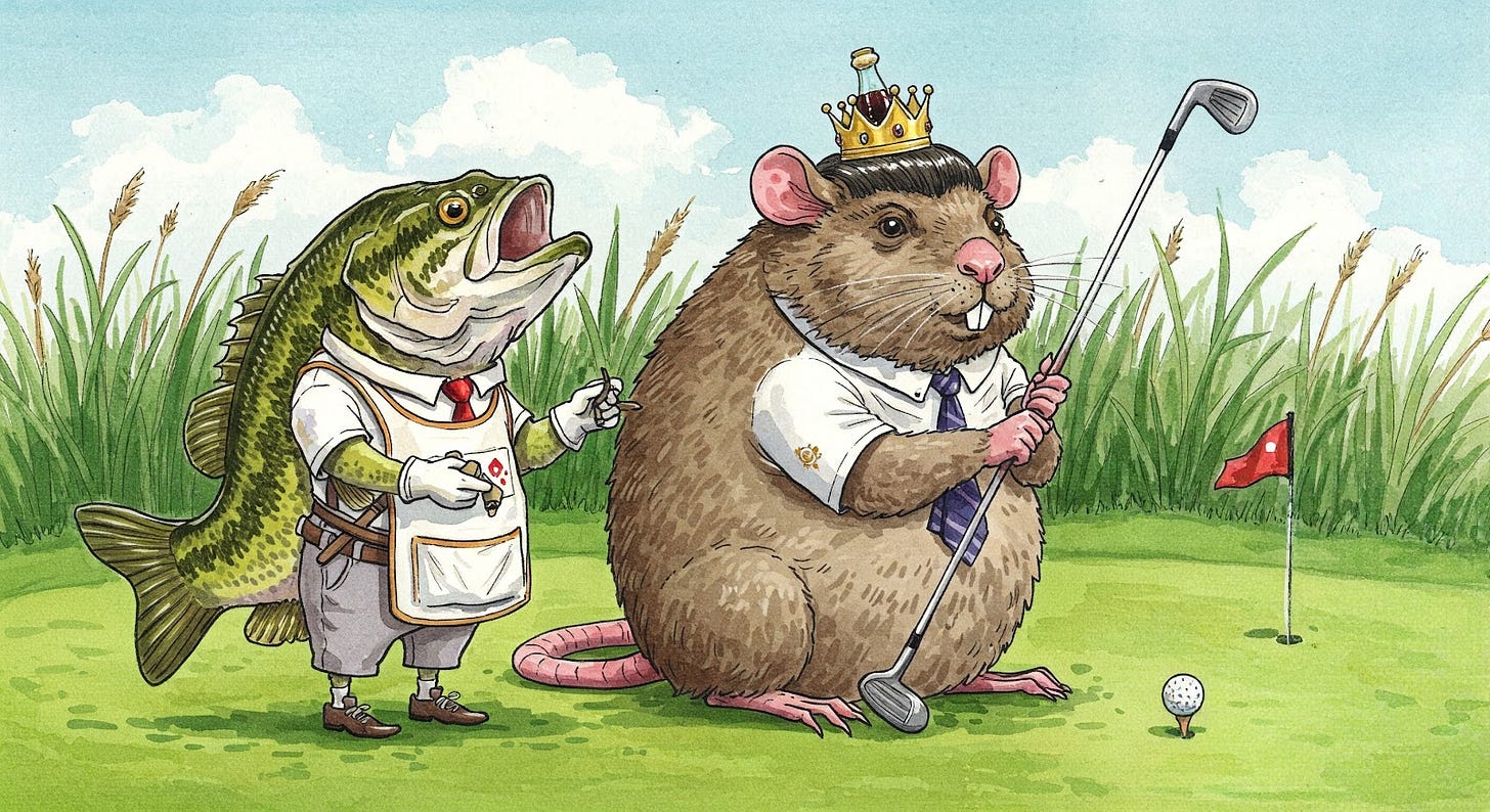 Image of king rat on golf course with his big mouth bass caddy. Image of king rat on golf course with his big mouth bass caddy.