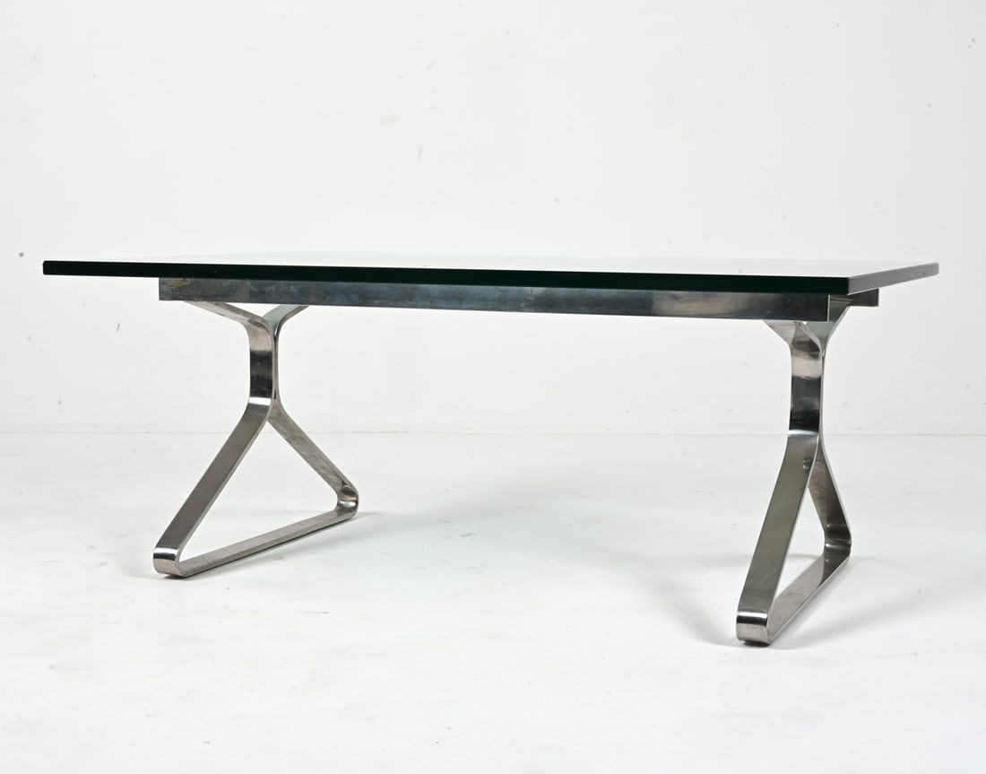 STYLE OF OLIVIER MOURGUE CHROME GLASS COFFEE TABLE
