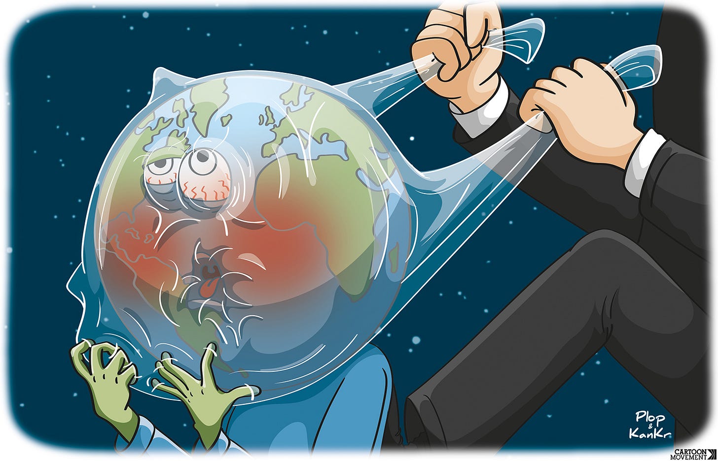 Cartoon showing two hands holding a plastic bag over the earth. The earth has a face with an anguished expression, as it is being choked by the pastic bag.