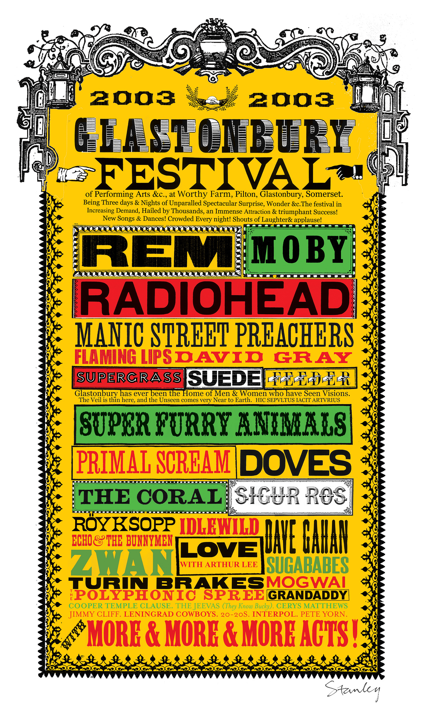 Glastonbury lineup poster 2003 by Stanley Donwood