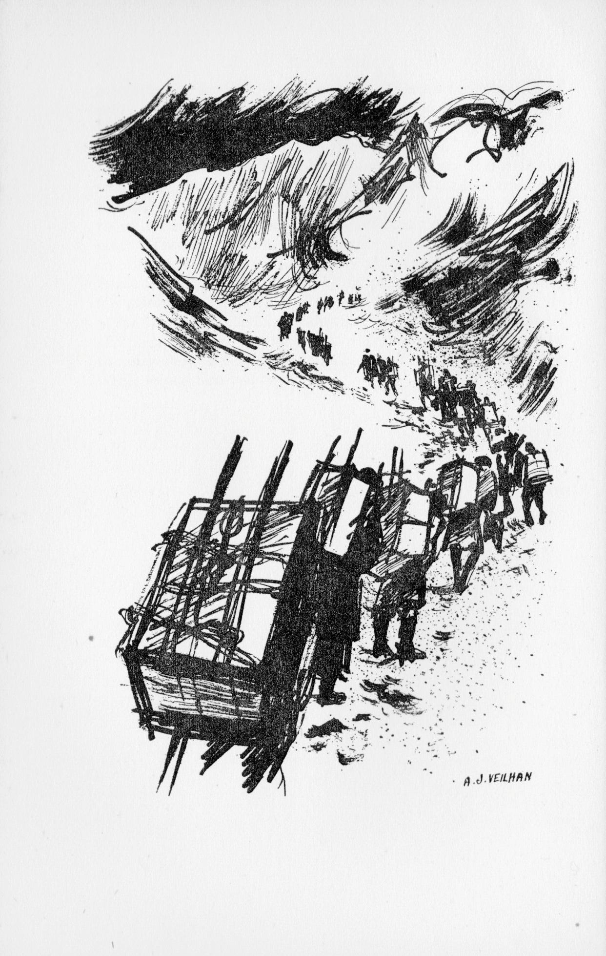 Porters heading to Everest. Illustration by AJ Veilhan from ‘South Col’ by Wilfrid Noyce