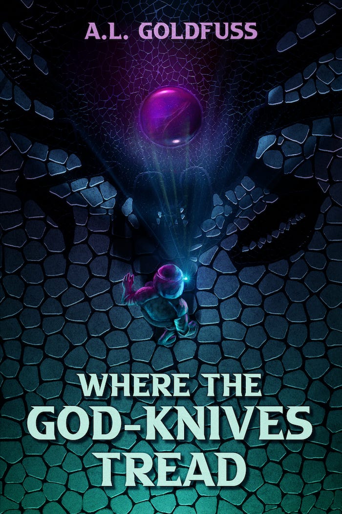 Promotional cover for “Where the God-Knives Tread” by A.L. Goldfuss. An aerial view of a person in a spacesuit shining their headlamp over a huge floor mosaic of a spider-crab creature with a large purple gem for an eye.