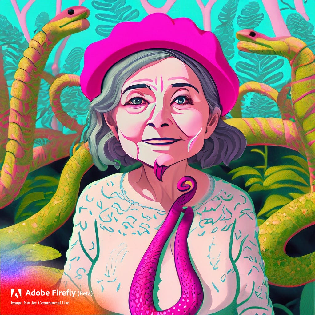 elderly woman in pink beret surrounded by snakes