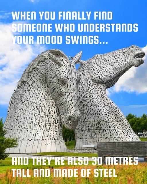 May be an image of text that says "WHEN YOU FINALLY FIND SOMEONE WHO UNDERSTANDS YOUR MOOD SWINGS... AND THEY RE ALSO 30 METRES TALL AND MADE OF STEEL"