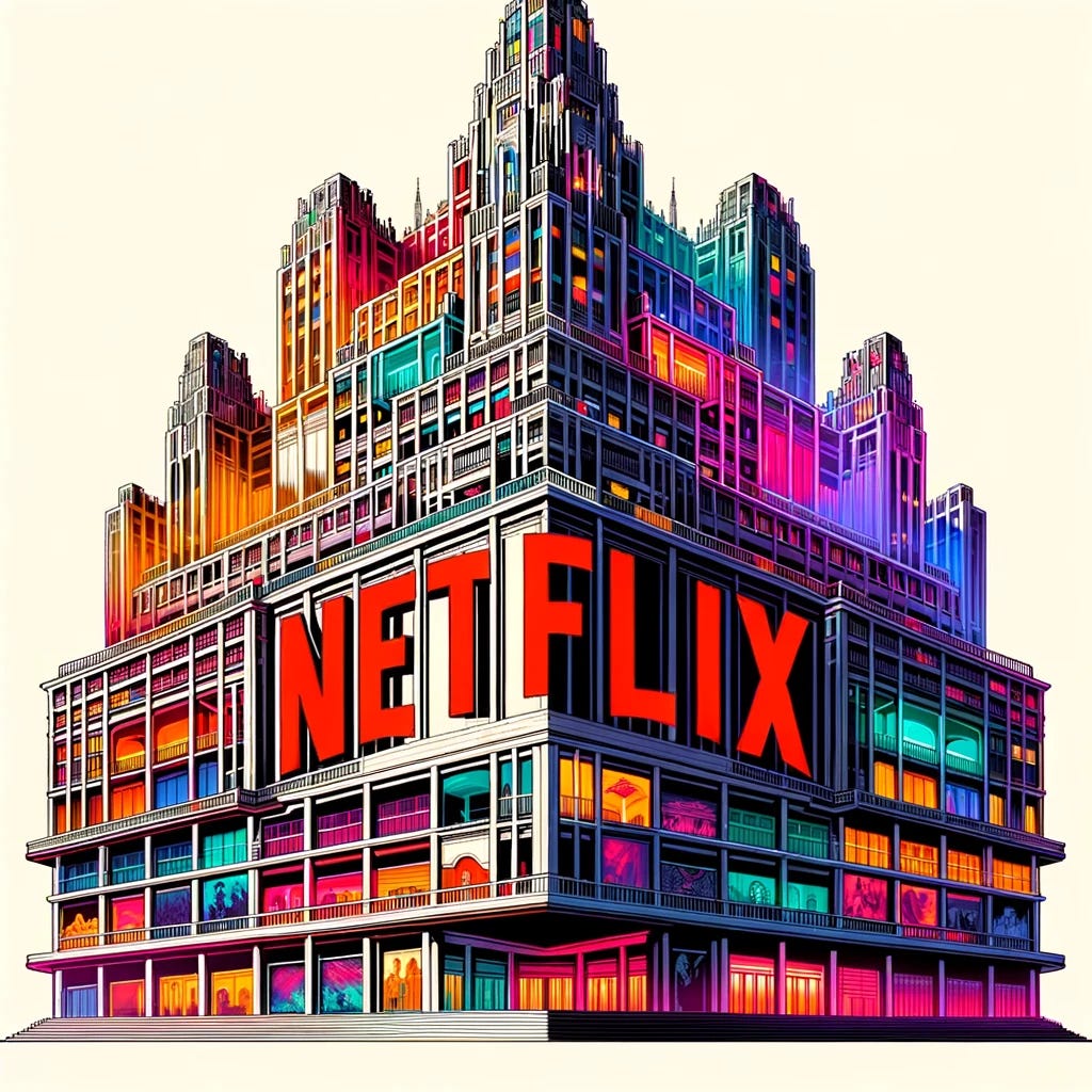 Vector design of 'The House of Netflix', an architectural marvel, rising with splendor. The building is bathed in colors associated with Netflix and boasts the Netflix logo at its center. Integrated into the design are subtle nods to renowned Netflix shows, encapsulating the platform's monumental success and cultural impact.
