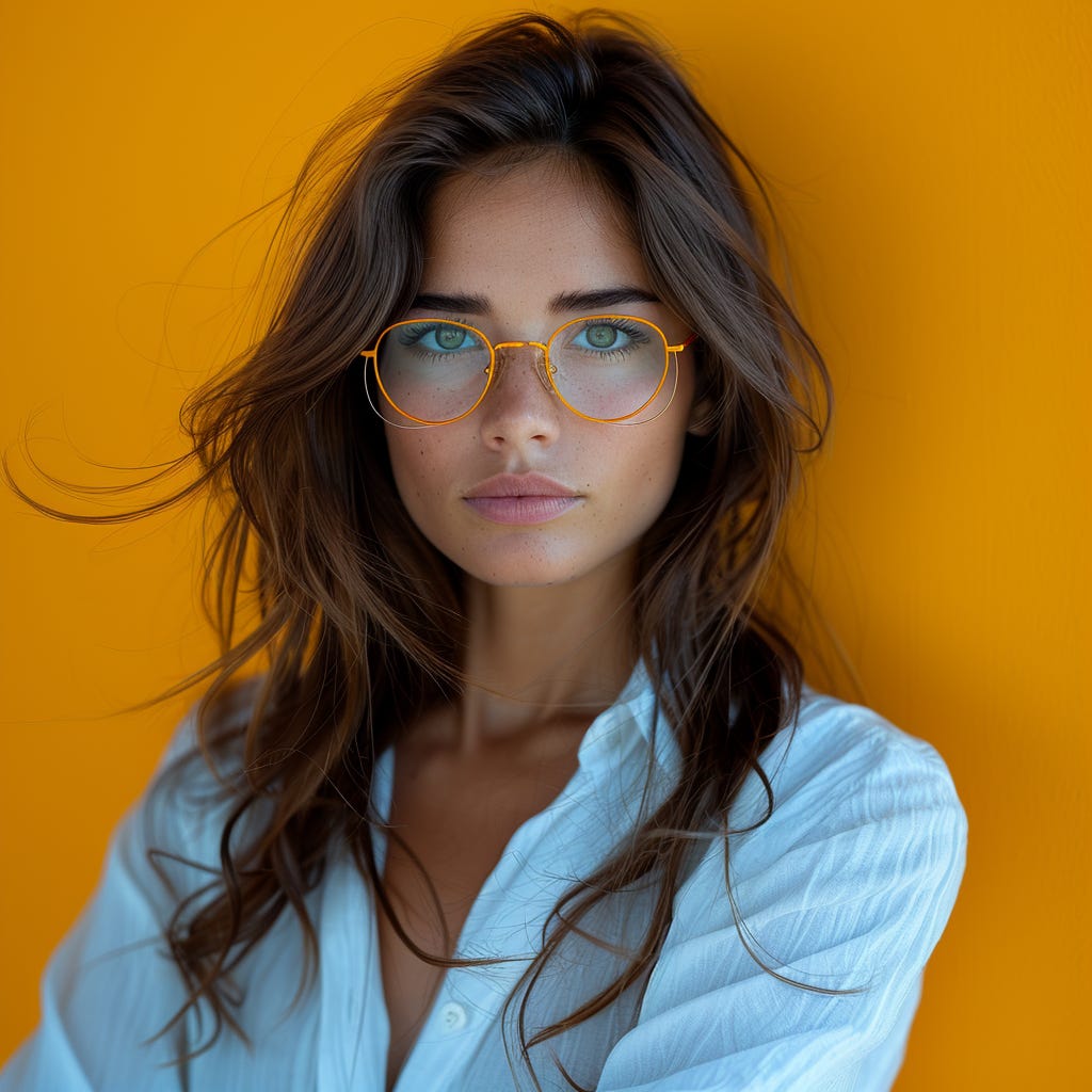 beautiful sexy woman, half body visible, deternimed, bossy, serious, with glasses, with arms crossed in front of her body, looking serious and determined, a studio shot, vivid bright contrasting light colors, single flat background