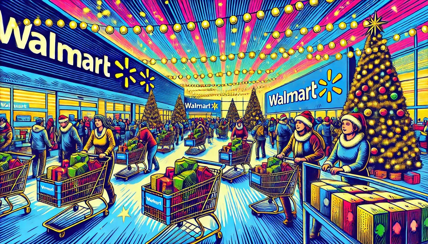 A vibrant pop-art style illustration depicting a dynamic scene at Walmart during the holiday season. The image should show a bustling Walmart store with shoppers filling their carts with holiday items. The background is decorated with Christmas lights and festive decorations, adding a pre-Christmas sparkle. The artwork should capture the energy and excitement of shopping, with bold colors and exaggerated features typical of pop-art, creating a lively and engaging scene. The illustration should be in a horizontal rectangular format, adhering to the pop-art aesthetic with clear and vivid imagery.