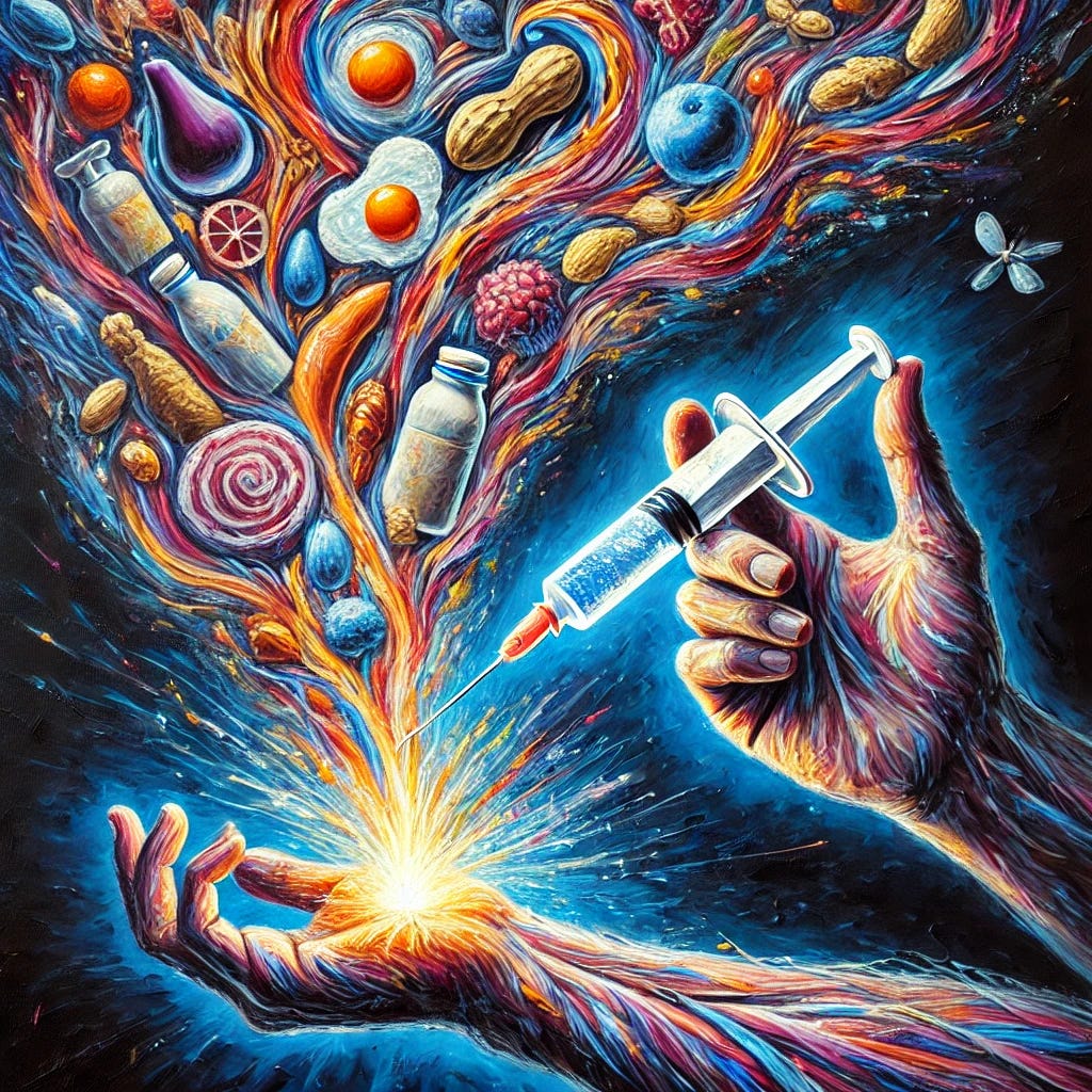 A striking oil painting with thick brush strokes depicting the theme of vaccine-induced allergies. The composition features a surreal scene: a syringe injecting a luminous, swirling substance into a human arm, which transforms into a chaotic explosion of allergenic foods—peanuts, eggs, dairy, and fish—floating in the air. The colors are rich and bold, with deep blues and purples in the background, contrasted by vibrant reds, oranges, and yellows in the foreground, symbolizing immune system activation. The texture is expressive, emphasizing the raw emotion and intensity of the subject.