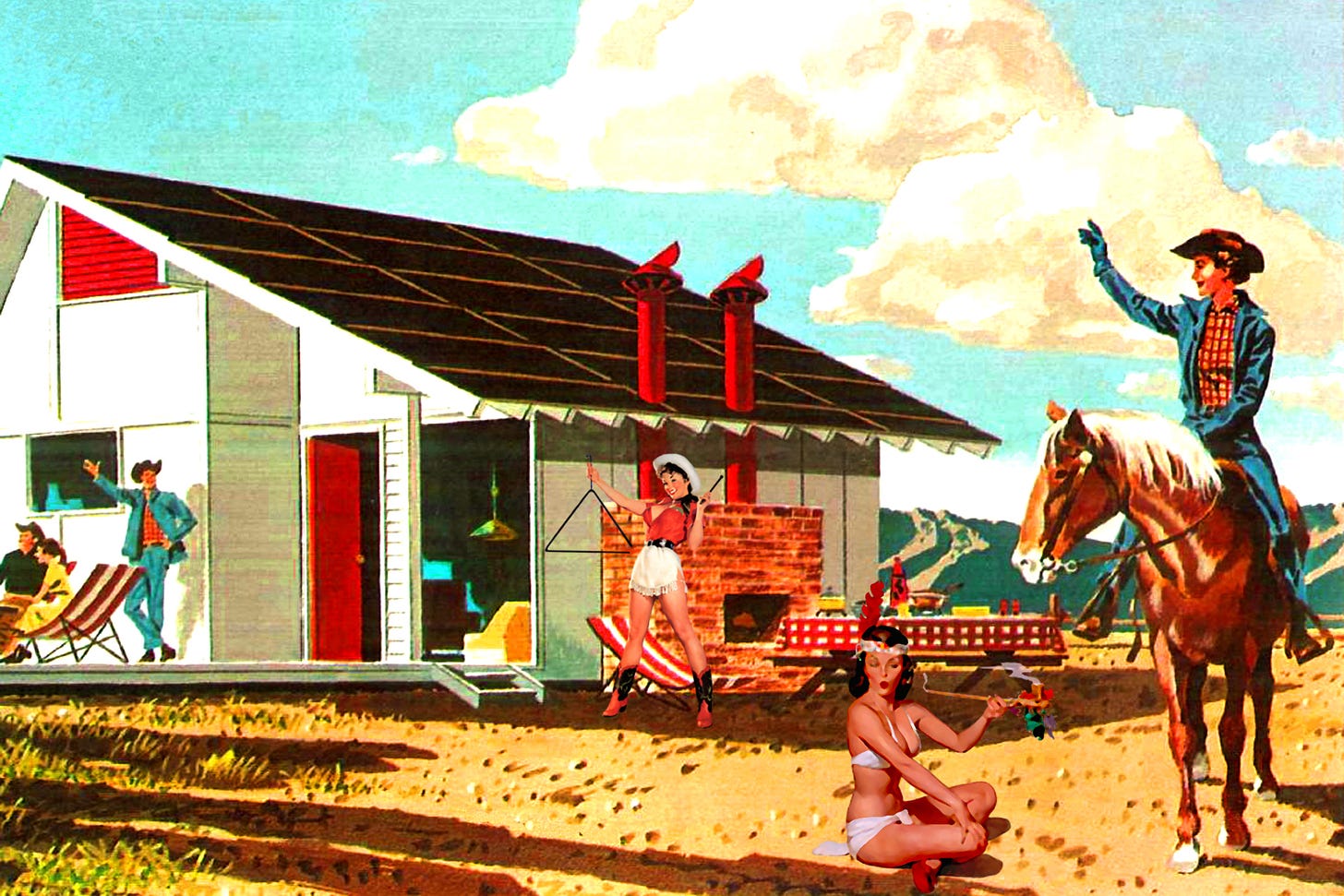 A stylized modernist painting with a sense of irony depiction mostly white people dressed up and acting like cowboys and indians