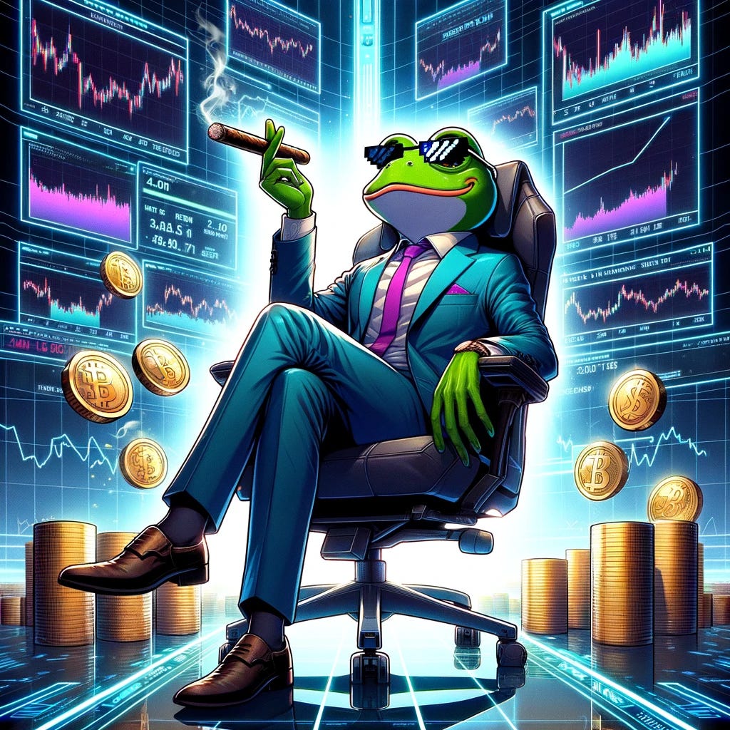 A post-modern anime style illustration of the anthropomorphic frog character, now in a futuristic business suit, triumphantly sitting in an advanced office chair. The frog is confidently smoking a cigar, surrounded by digital currency symbols and futuristic stock market displays showing a bullish trend. In the background, there are a few anime-style characters depicting short sellers, shown with exaggerated expressions of despair and tears, emphasizing their loss in the stock market. The overall scene conveys a dramatic and triumphant moment in a high-tech, futuristic financial world.