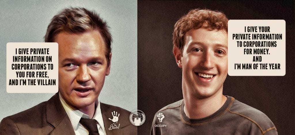 Un meme de 2013 sobre las dos caras de la sociedad de la información: Julian Assange, perseguido por divulgar información secreta de los poderosos; Mark Zuckerberg, de Facebook, celebrado por lucrar con información privada de sus usuarios. Un meme de 2013 sobre las dos caras de la sociedad de la información: Julian Assange, perseguido por divulgar información secreta de los poderosos; Mark Zuckerberg, de Facebook, celebrado por lucrar con información privada de sus usuarios.