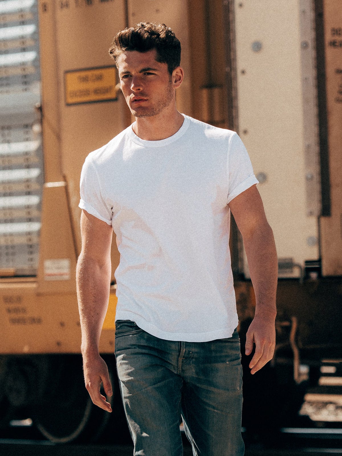 View of the White Pima Curved Hem Tee