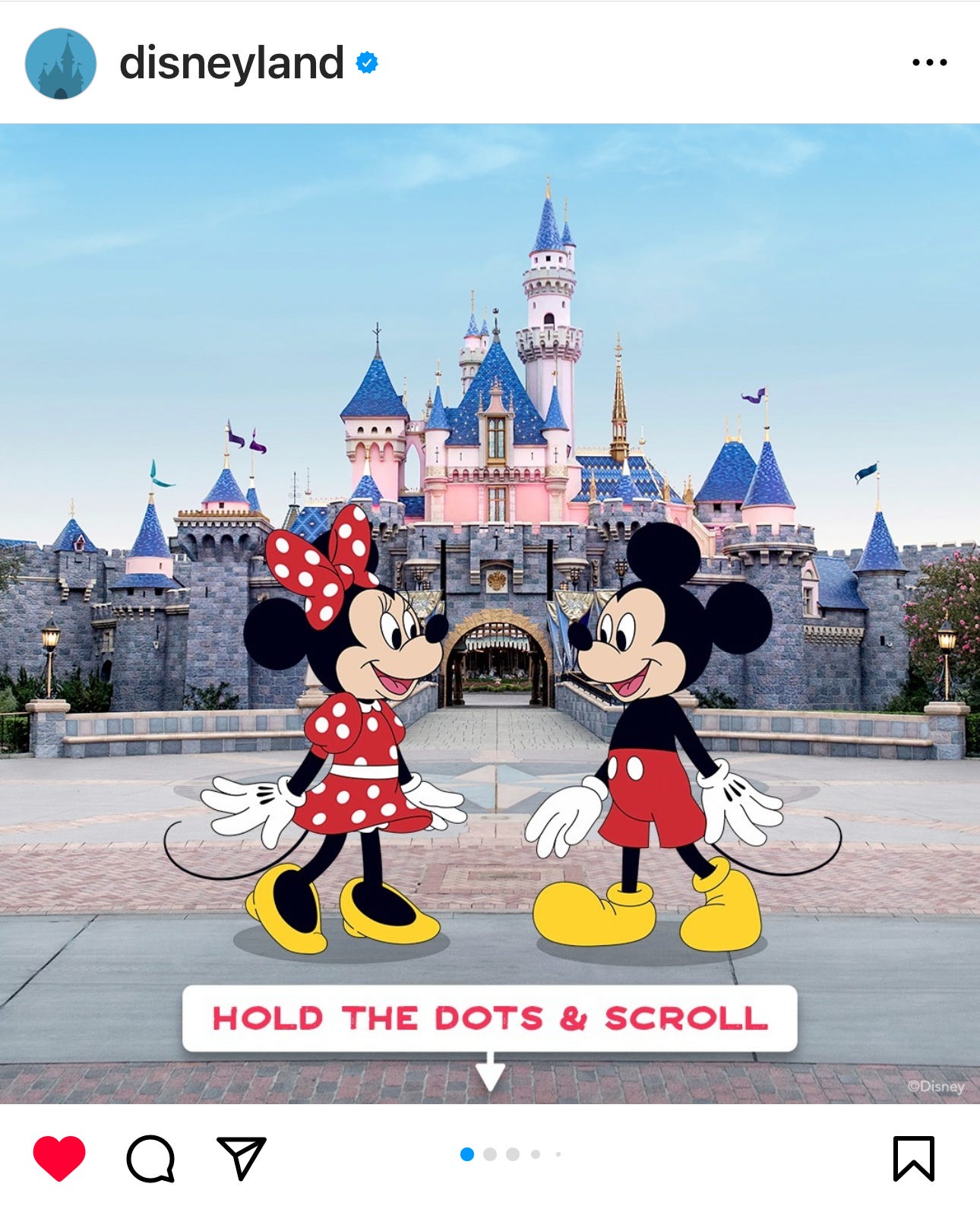 screenshot of an Instagram post from the Disneyland account with Mickey and Minnie. Text on screen says Hold the Dots & Scroll. The caption reads: Happy Valentine’s Day from Disneyland Resort! Hold the dots and swipe back and forth — then drop a 💗 to share the love!